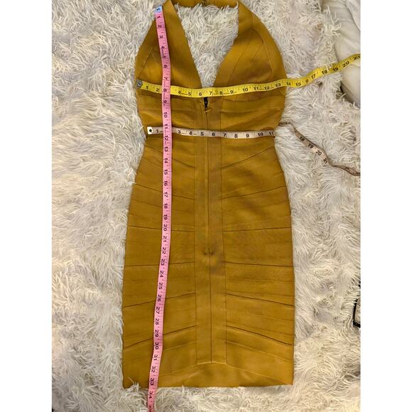 Herve Leger Bodycon Lilou Halter Dress HOI6R627 GOLDEN SUN/S - Picture 2 of 15